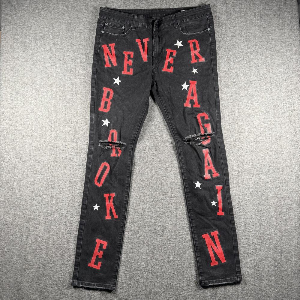 Never Broke Again Jeans Mens 38x32 Black Skinny Slim Distressed Spell Logo